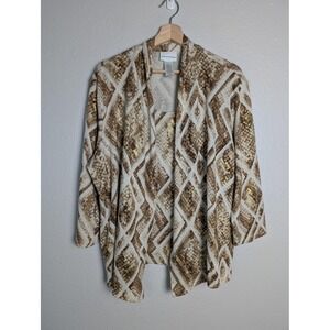 Alfred Dunner Cardigan Sweater Womens L Beige Argyle Open Front Knit 3/4 Sleeve